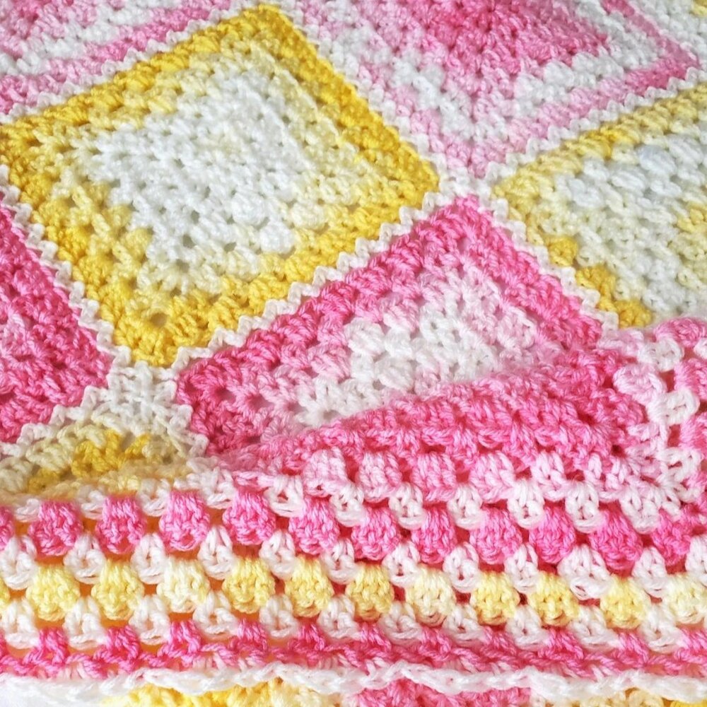 Crochet BABY BLANKET AFGHAN Lap Granny Squares 30"x 30" PINK YELLOW WHITE